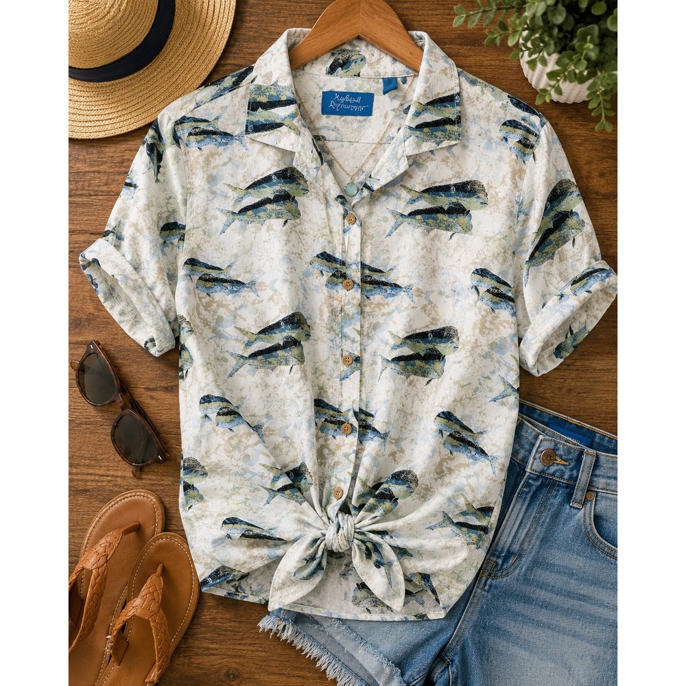 Natural Reflections Women M Mahi Mahi Fish Shirt Cotton Rayon Coastal Fishing